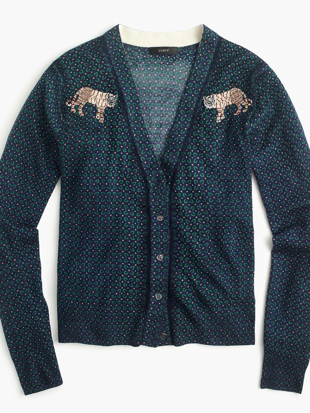 J. Crew Mens-y Cardigan Sweater Floral Print Embroidered Tiger Patches Large